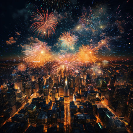 As the clock strikes midnight, fireworks illuminate the night sky, painting it with bursts of color.の素材