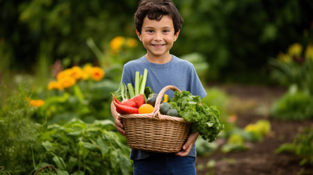 An image of a gardener holding a basket full of freshly picked vegetables from their garden.の素材