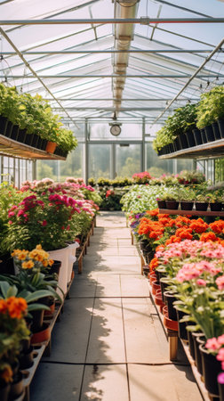An image of a clean, modern greenhouse filled with rows of potted plants and flowers.の素材