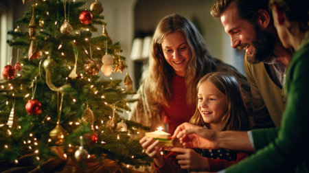 happy family gathered around a beautifully decorated Christmas tree.の素材