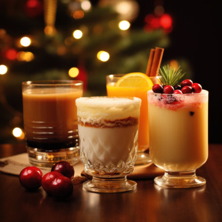 festive cocktails, including eggnog, mulled wine, and hot toddies for keeping warm on winters nightの素材