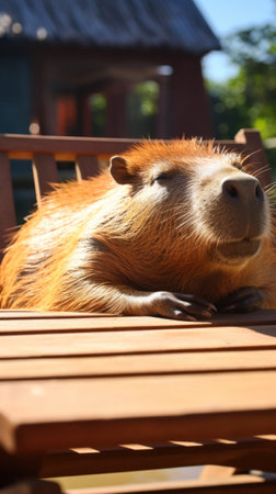 A relaxing photo of a capybara basking in the sun, enjoying a lazy afternoon.の素材