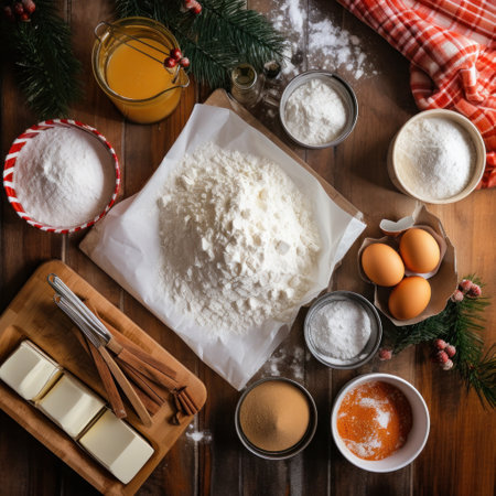 baking supplies, flour, sugar, cookie cutters, and a rolling pin, for the Christmas baking spirit..の素材