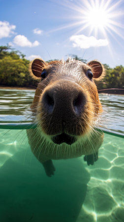 A relaxing photo of a capybara basking in the sun, enjoying a lazy afternoon.の素材