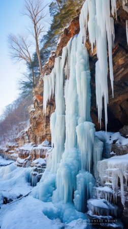 frozen waterfalls and icicles hanging from the cliffs.の素材