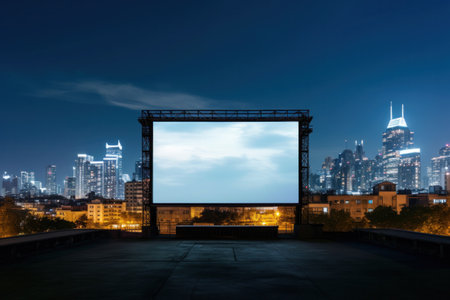 cinema screen with a cityscape in the background.の素材