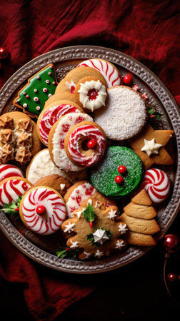 delicious Christmas cookies on a festive platter, great for a food blog or recipe website.の素材