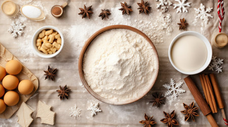 baking supplies, flour, sugar, cookie cutters, and a rolling pin, for the Christmas baking spirit..の素材