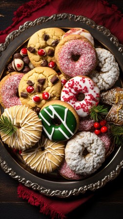 delicious Christmas cookies on a festive platter, great for a food blog or recipe website.の素材