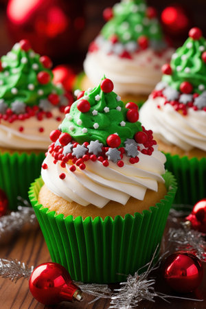 beautifully decorated cupcakes with festive red and green icing and edible Christmas decorations.の素材
