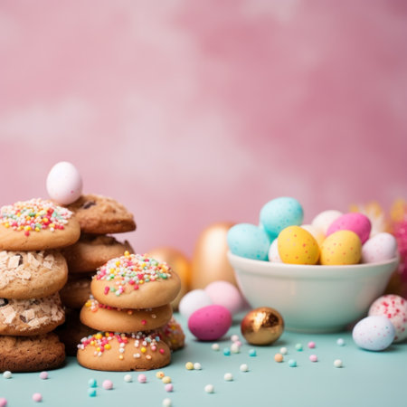 Easter-themed cookies, cupcakes, and other treats, set against a colorful background with copy space.の素材