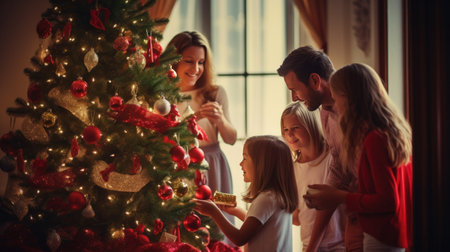 happy family gathered around a beautifully decorated Christmas tree.の素材