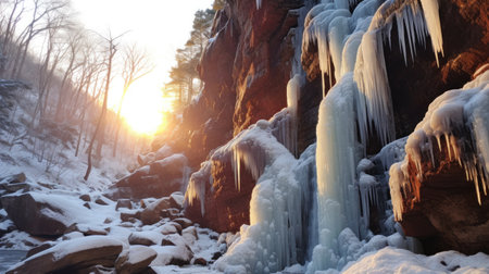 frozen waterfalls and icicles hanging from the cliffs.の素材