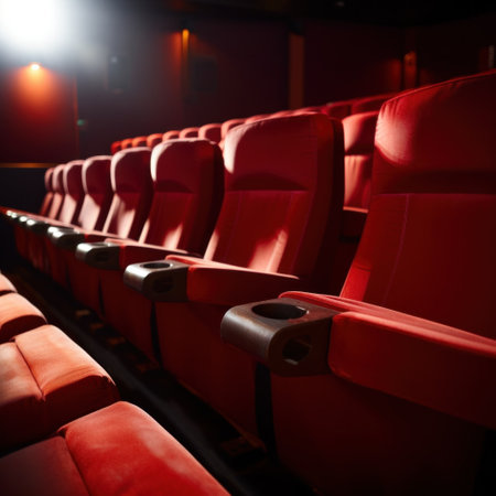empty movie theater seats with a blank screen in the backgroundの素材
