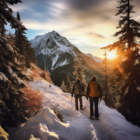Winter hikes in the mountains.の素材