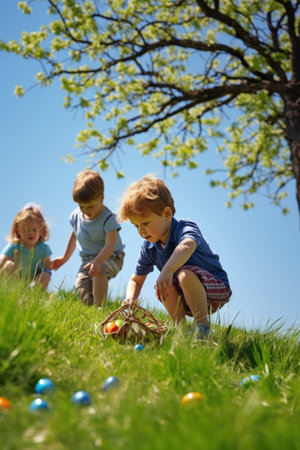 A playful shot of children hunting for Easter eggs in a grassy field, with a background of trees.の素材