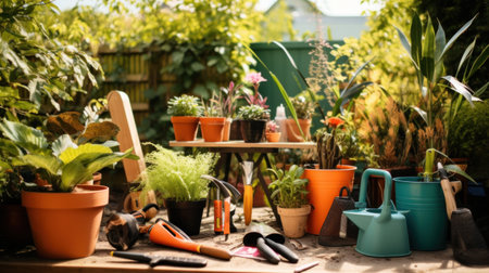 group of garden tools lying on a table surrounded by pots and plants.の素材