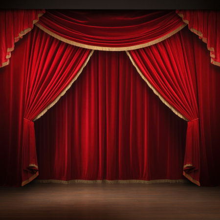 A classic theater stage with red velvet curtains and customizable copy text.の素材