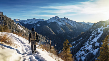 Winter hikes in the mountains.の素材