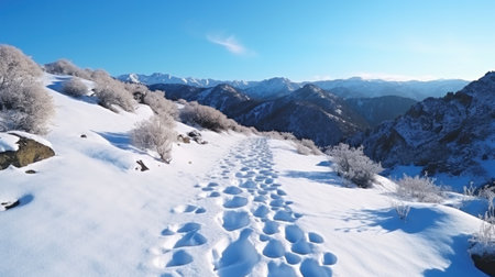 the snow-covered trails. the mountains in winter.の素材