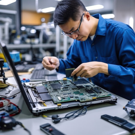 repairing a broken laptop in a workshop.の素材