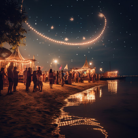 A beautiful shot of the moon reflecting on the water, with the beach party scene in the backgroundの素材
