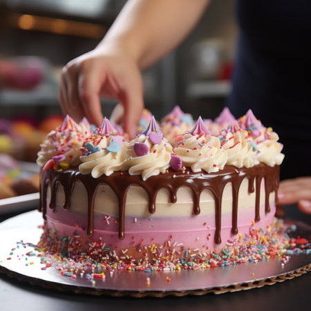 baker piping frosting onto a cake, with a variety of colorful icings and sprinkles in the background.の素材