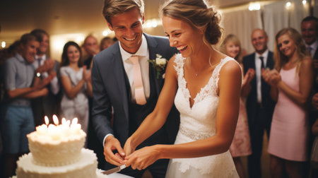 A bride and groom cutting their wedding cake surrounded by their joyful guests.の素材