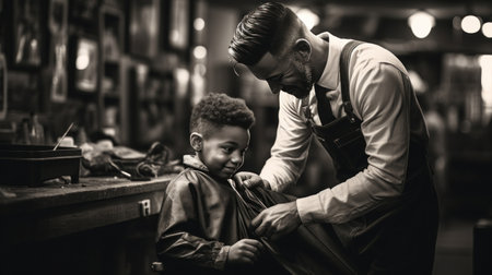 A black and white photo of a barber cutting a young boy's hair.の素材