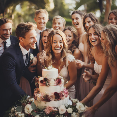 A bride and groom cutting their wedding cake surrounded by their joyful guests.の素材