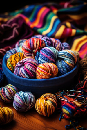 pair of hands knitting a colorful striped scarf.の素材