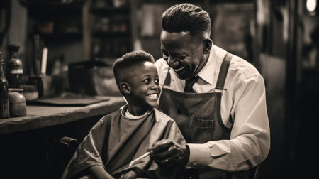 A black and white photo of a barber cutting a young boy's hair.の素材