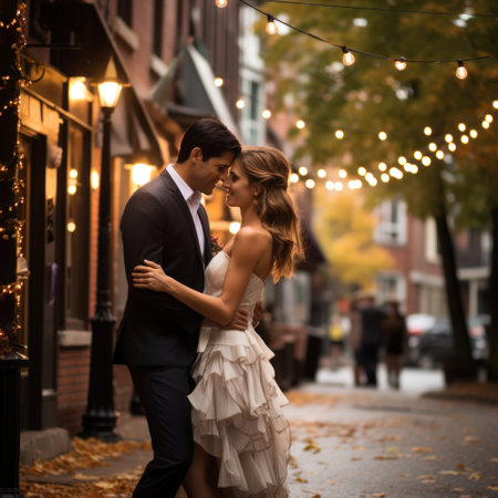 A bride and groom sharing a tender moment while taking a romantic stroll in a charming city.の素材