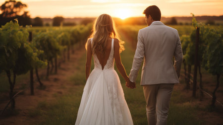 A bride and groom holding hands while walking through a vineyard at sunset.の素材