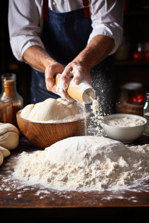 A candid shot of a baker dusting flour onto a work surface.の素材