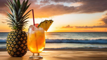 refreshing tropical drink with a pineapple wedge and umbrella.の素材