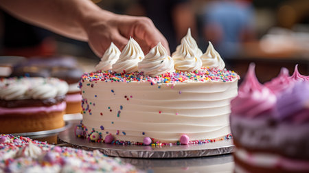 baker piping frosting onto a cake, with a variety of colorful icings and sprinkles in the background.の素材