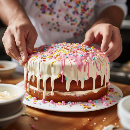 baker piping frosting onto a cake, with a variety of colorful icings and sprinkles in the background.の素材