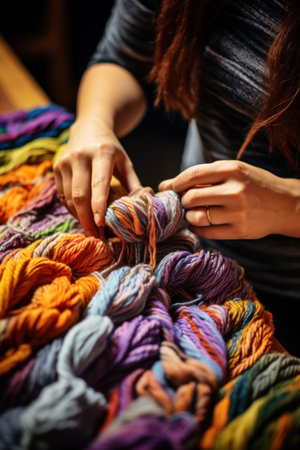 pair of hands knitting a colorful striped scarf.の素材