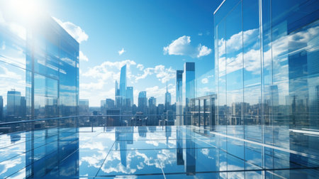 glass skyscraper reflecting the blue sky and surrounding buildings.の素材