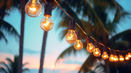 string of light bulb garlands hanging between two palm trees on a beach.の素材