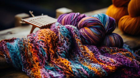 pair of hands knitting a colorful striped scarf.の素材