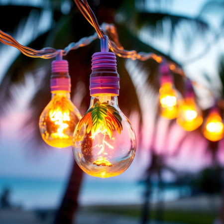 light bulb garland hanging between two palm trees on a beach.の素材