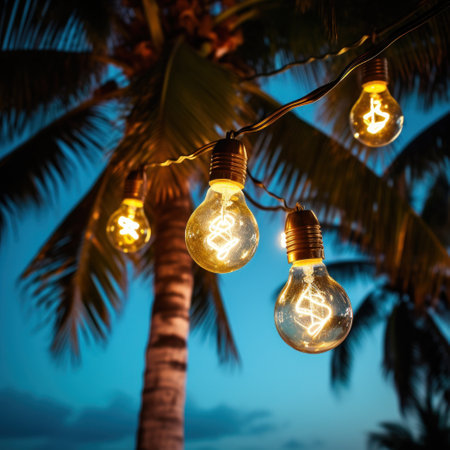 string of light bulb garlands hanging between two palm trees on a beach.の素材
