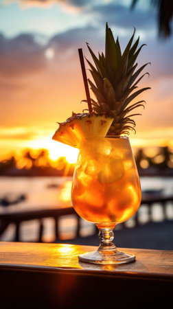 refreshing tropical drink with a pineapple wedge and umbrella.の素材