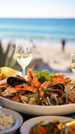 plate of delicious seafood appetizers served on a beach table with a picturesque view of the sea.の素材