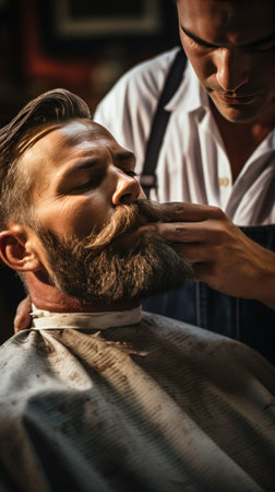 barber's hand holding a straight razor poised to shave a client's beard.の素材