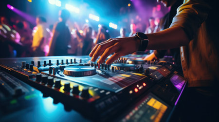 DJ's hands on a mixing board, with a blurred background of energetic partygoers dancing in the club.の素材