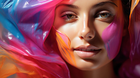 woman's face with a sheet mask on. The mask is brightly colored and covers most of her skin..の素材