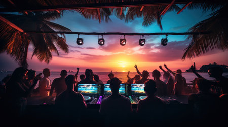 A DJ booth on the beach with a crowd of people dancing and having fun in the background.の素材